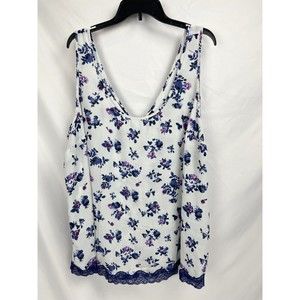 Torrid Women Sz 4 White Blue Purple Flowers Floral Blouse Shirt V-Neck Lace Hem